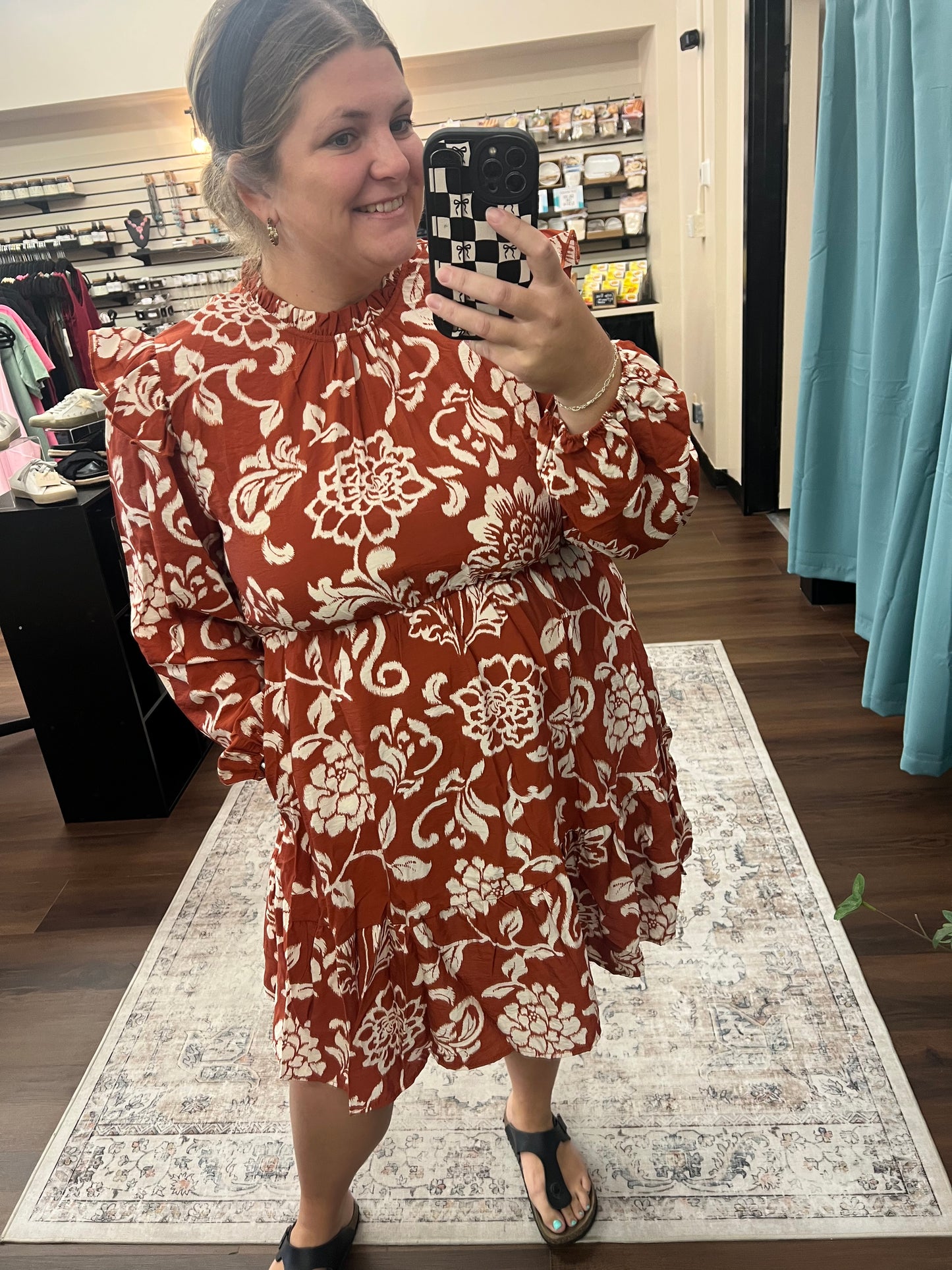 Rust Ruffle Floral Dress