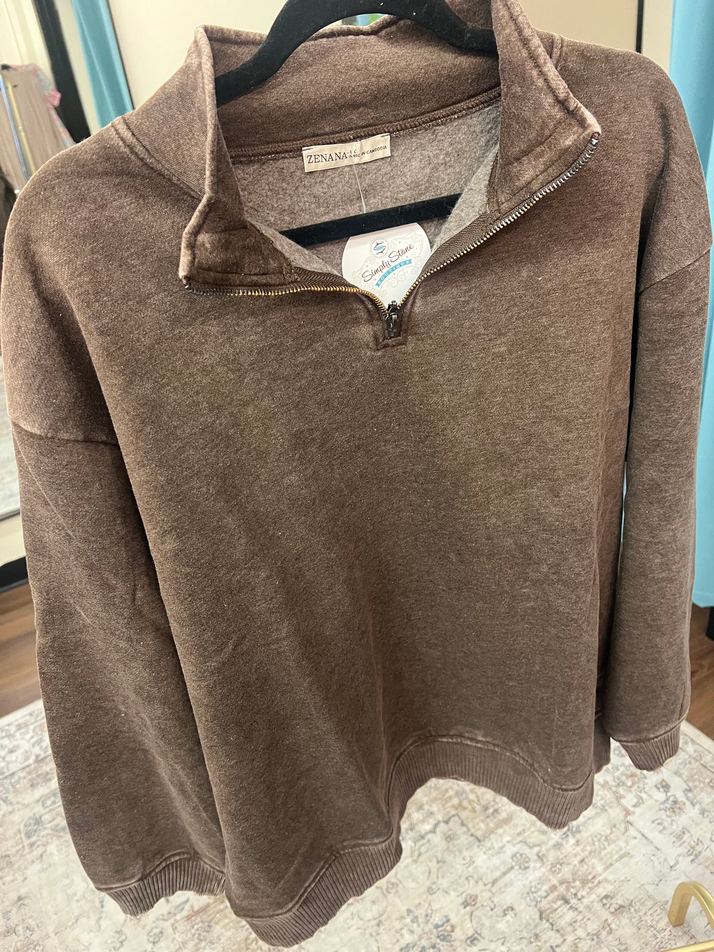 Acid Wash Half Zip Pullover - Chocolate