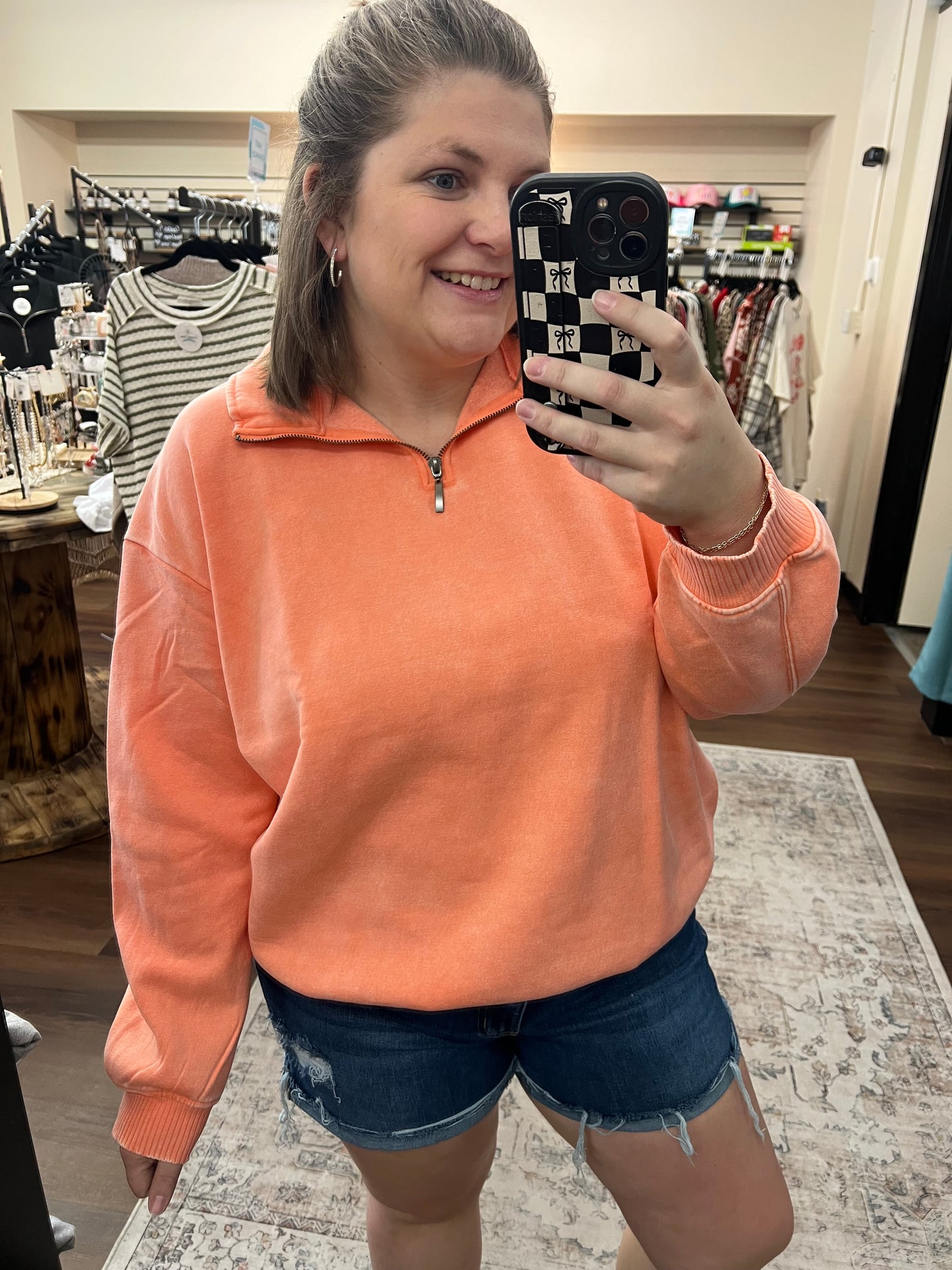 Acid Wash Half Zip Pullover - Coral