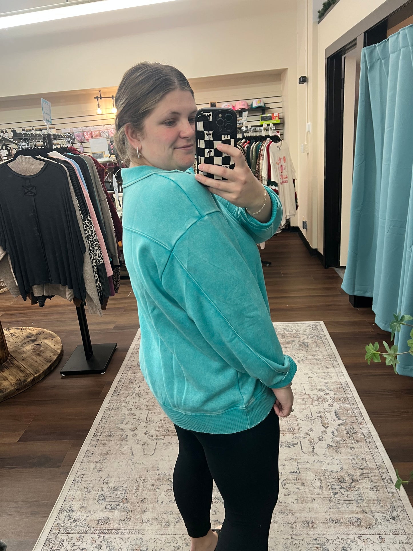 Acid Wash Half Zip Pullover - Turquoise