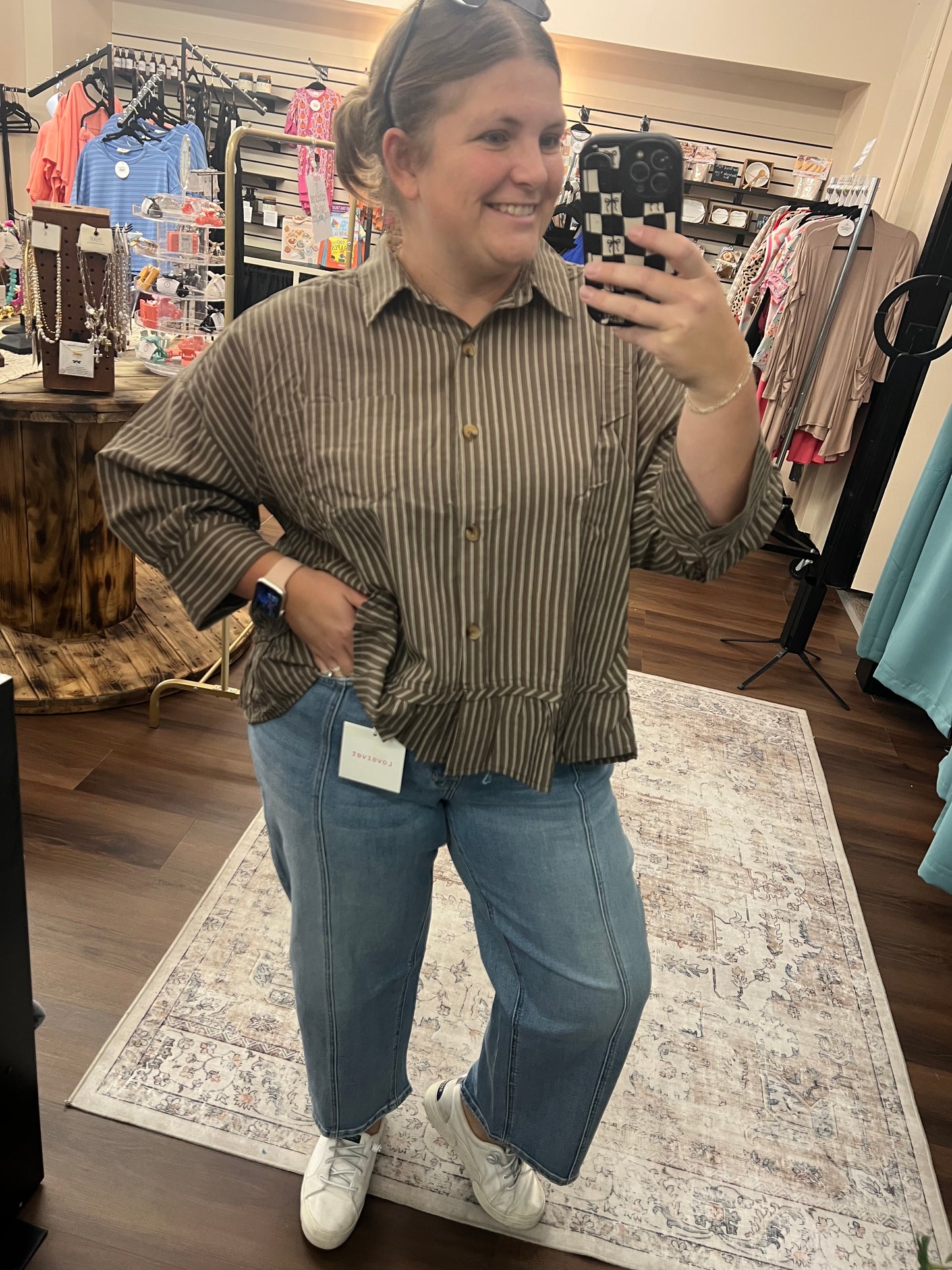 Striped Olive Ruffle Hem Blouse