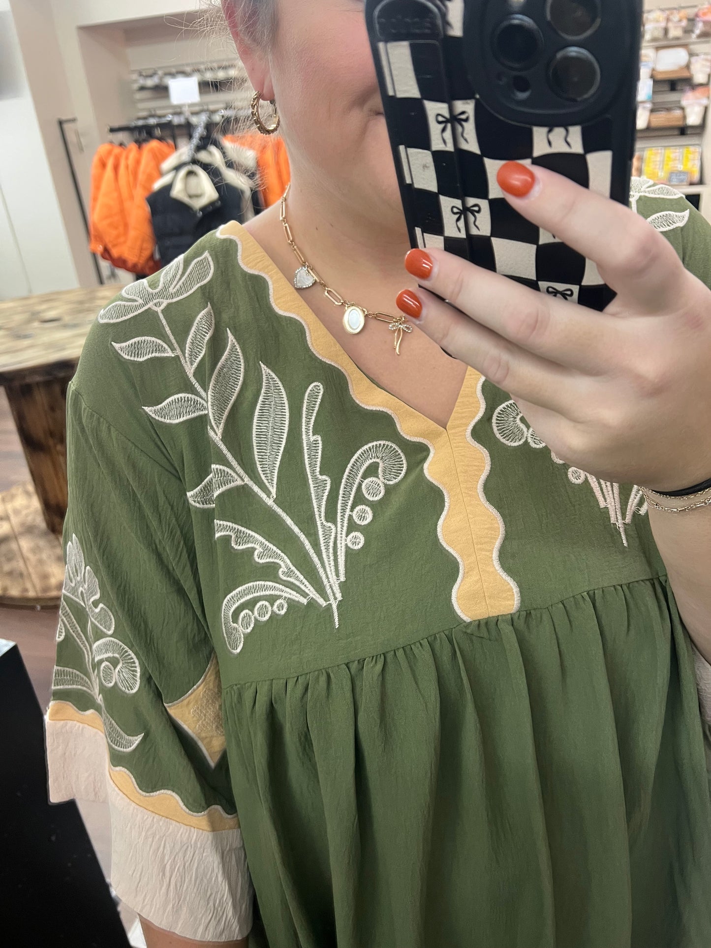 Embroidered Olive Dress