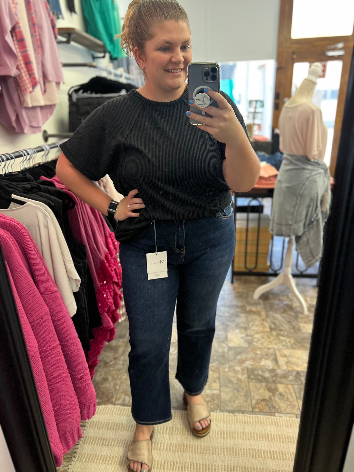 A classis dark jean with no distressing is here! These are so stretchy and comfortable and with a larger opening at the ankle that are so perfect for getting away fr