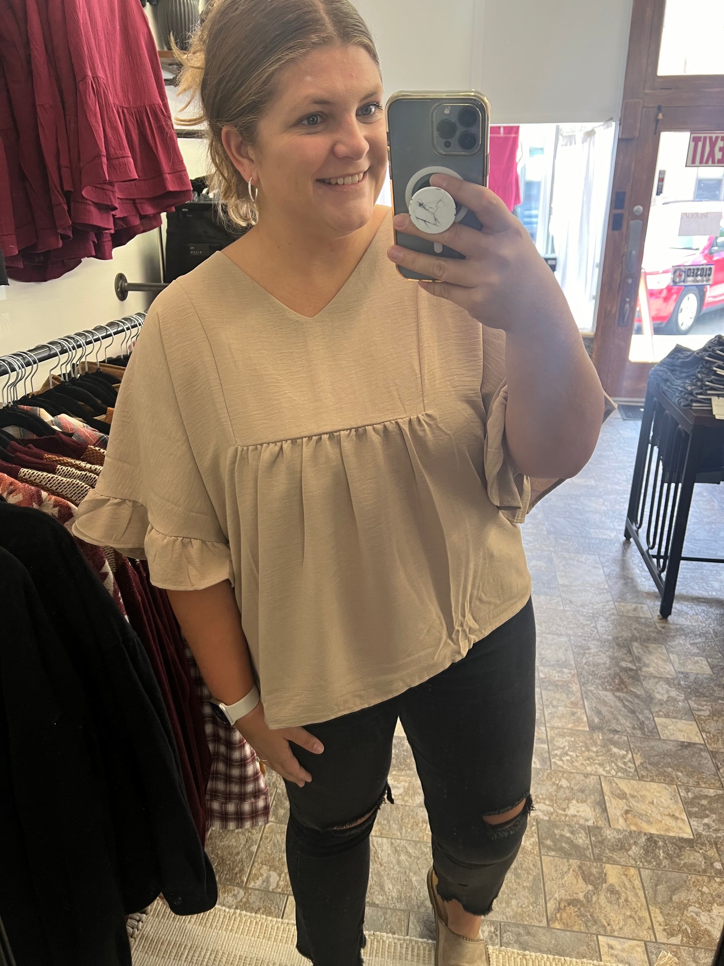 I LOVE good fall neutral tops! This top is so flowy & comfortable, just enough detail to dress up or down, and comes in two colors! It's the kind of top you want