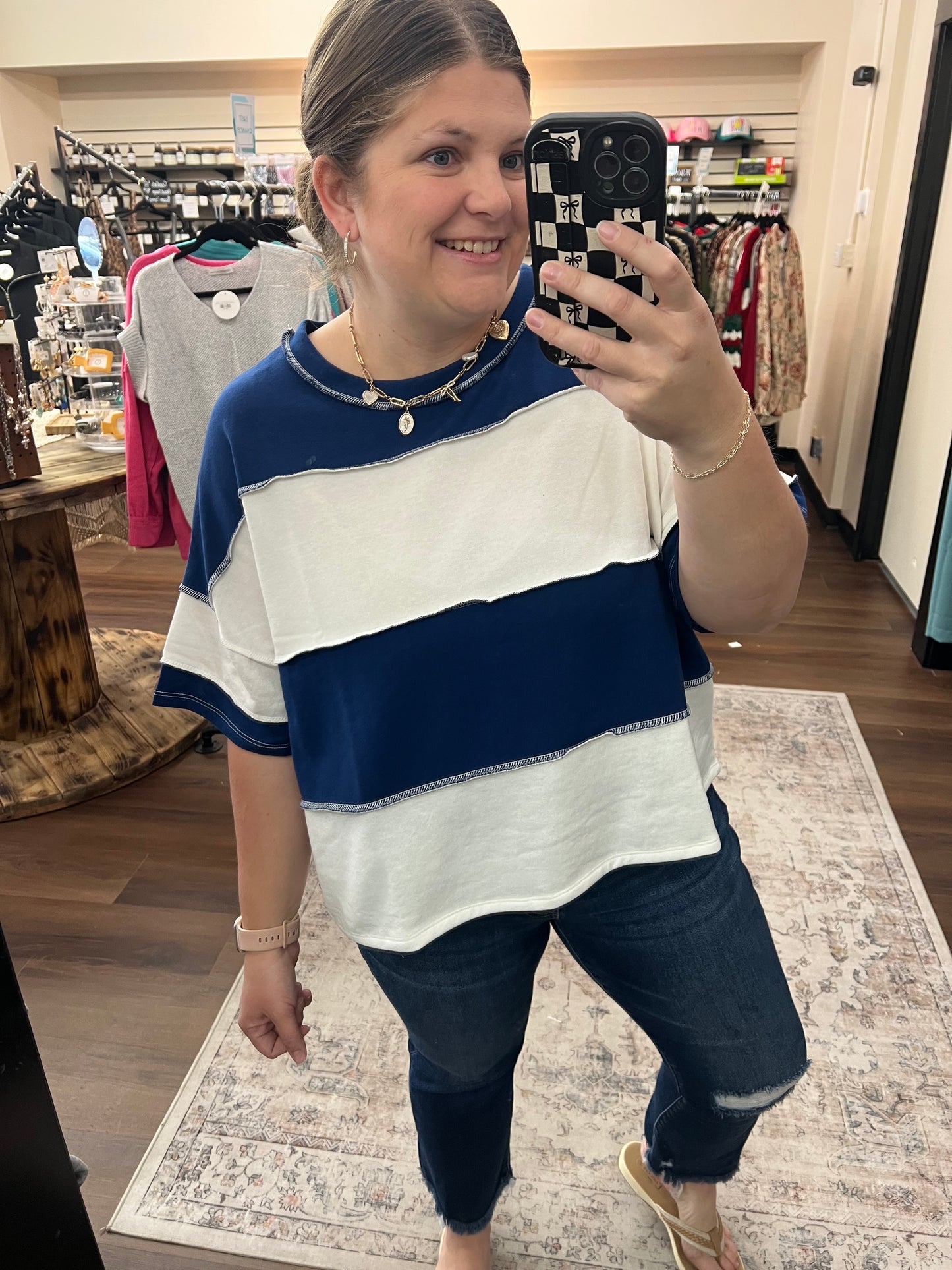 Terry Color Block Top - Navy