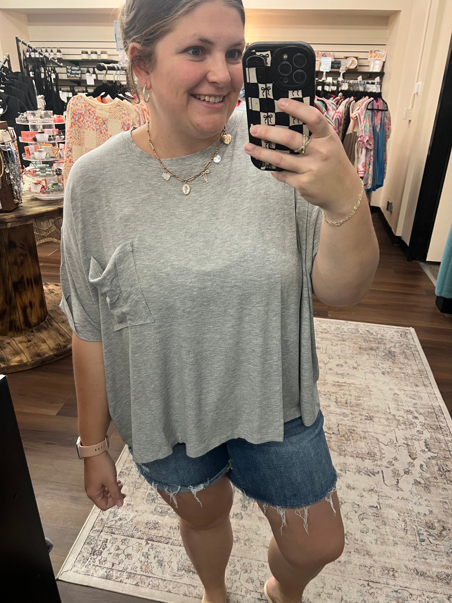 Ribbed Oversized Pocket Tee - H. Grey