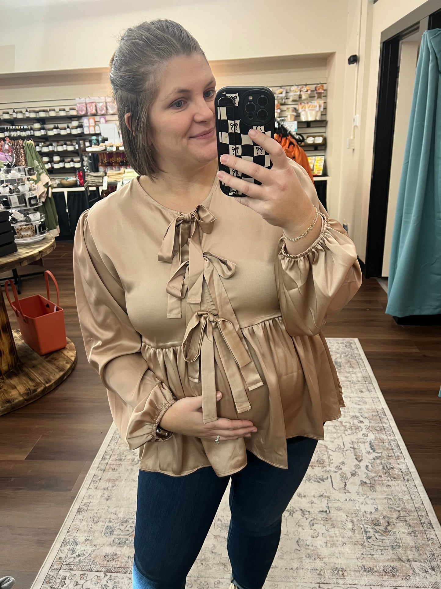 Taupe Ribbon Tie Blouse