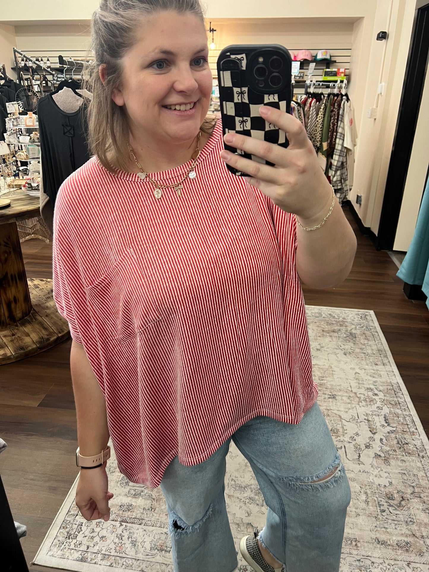 Corded Oversized Ribbed Tee - Ruby