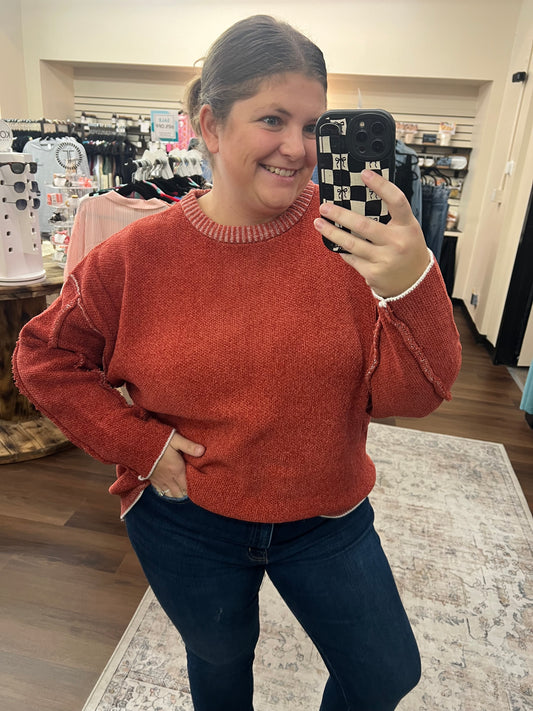 Exposed Seam Chenille Sweater - Rust