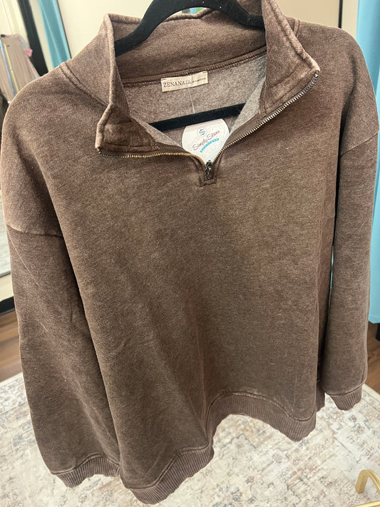 Acid Wash Half Zip Pullover - Chocolate