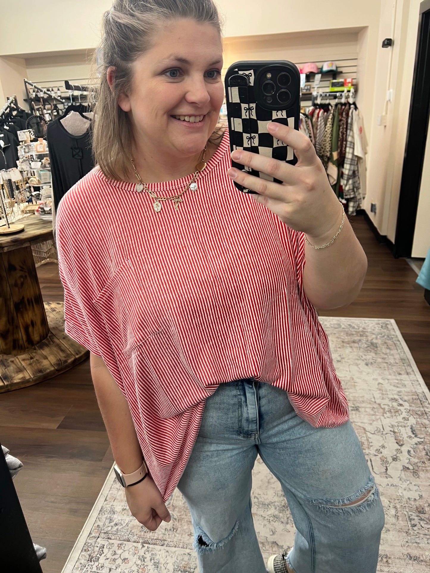 Corded Oversized Ribbed Tee - Ruby