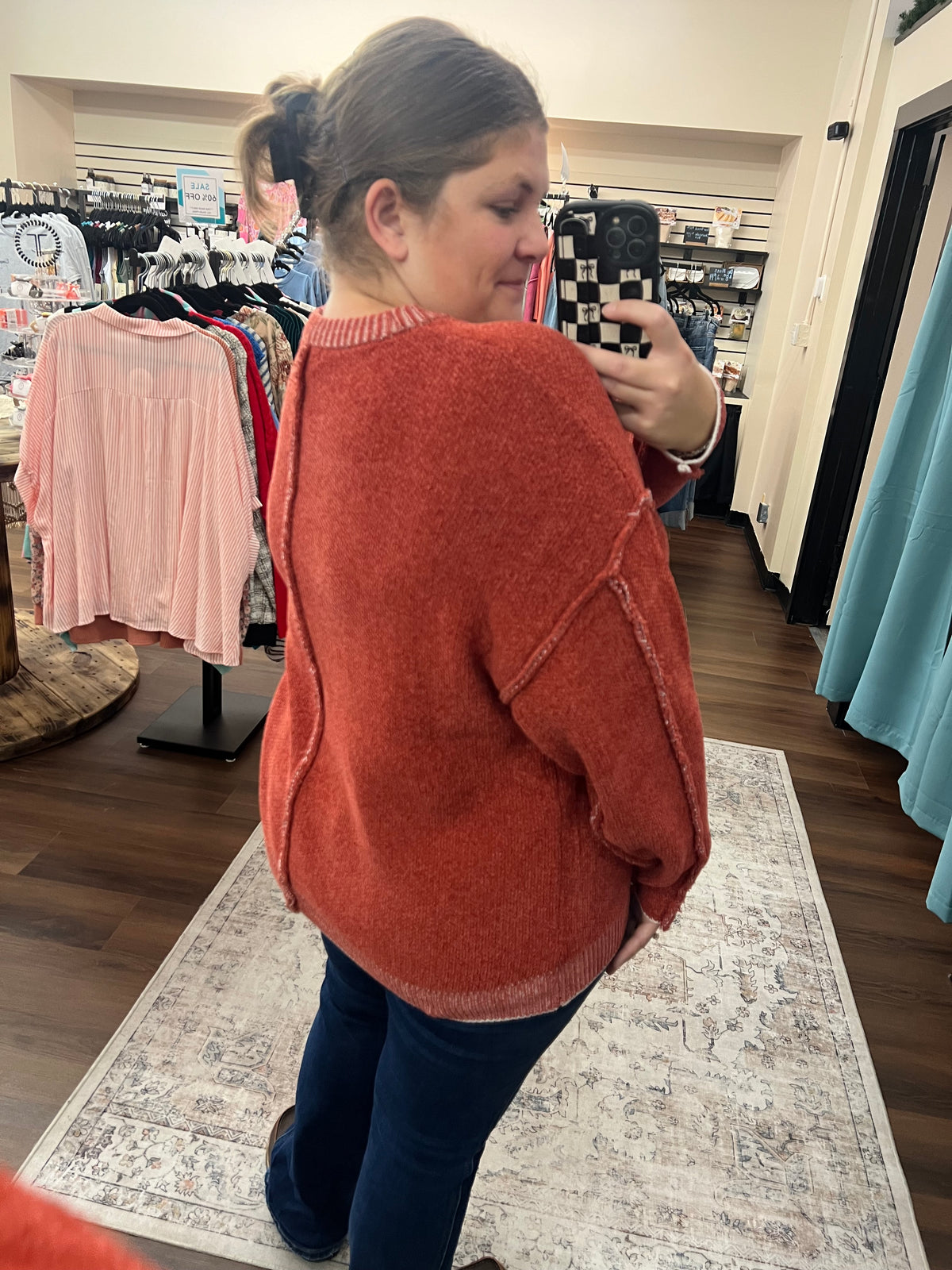 Exposed Seam Chenille Sweater - Rust