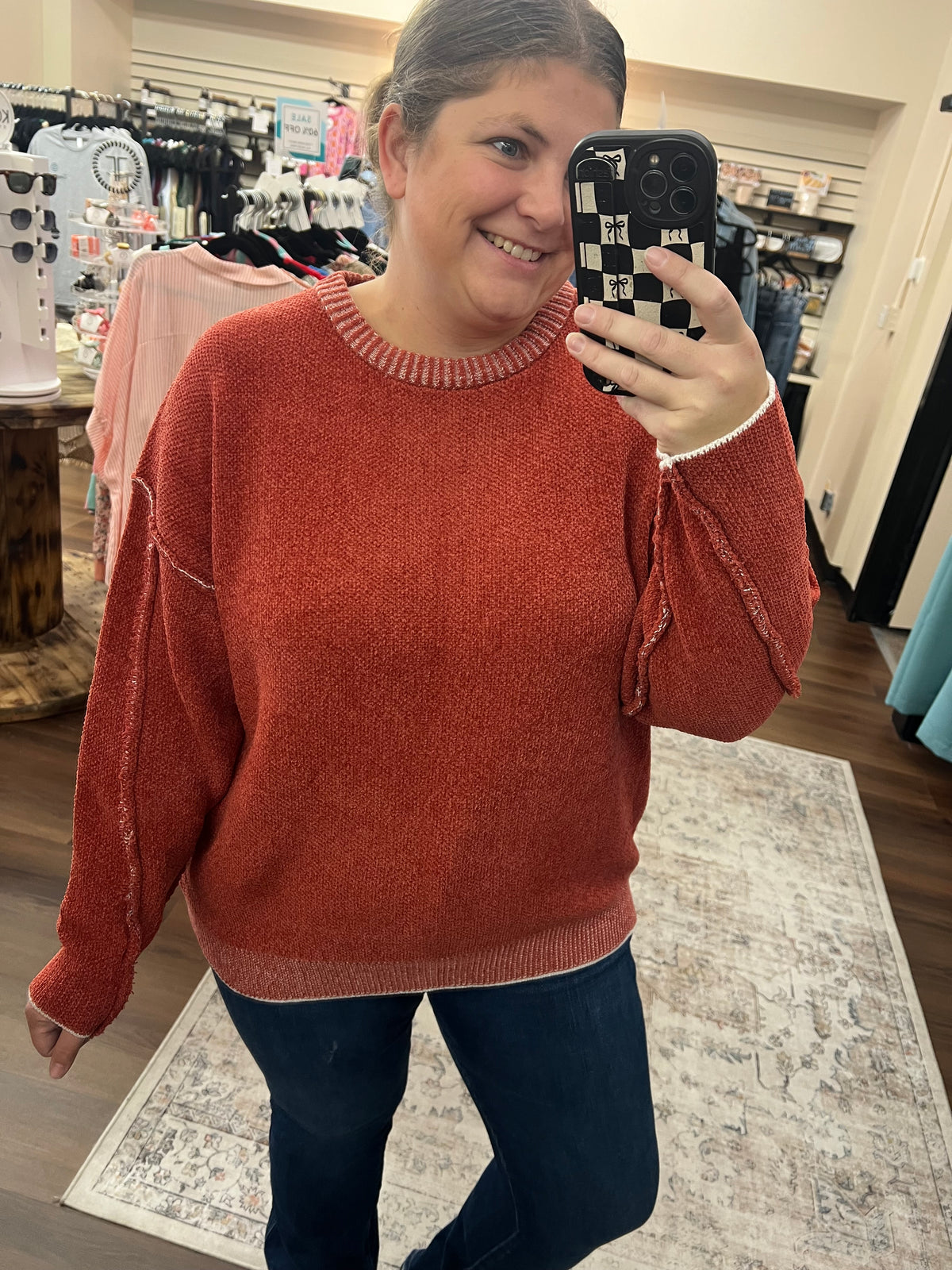 Exposed Seam Chenille Sweater - Rust