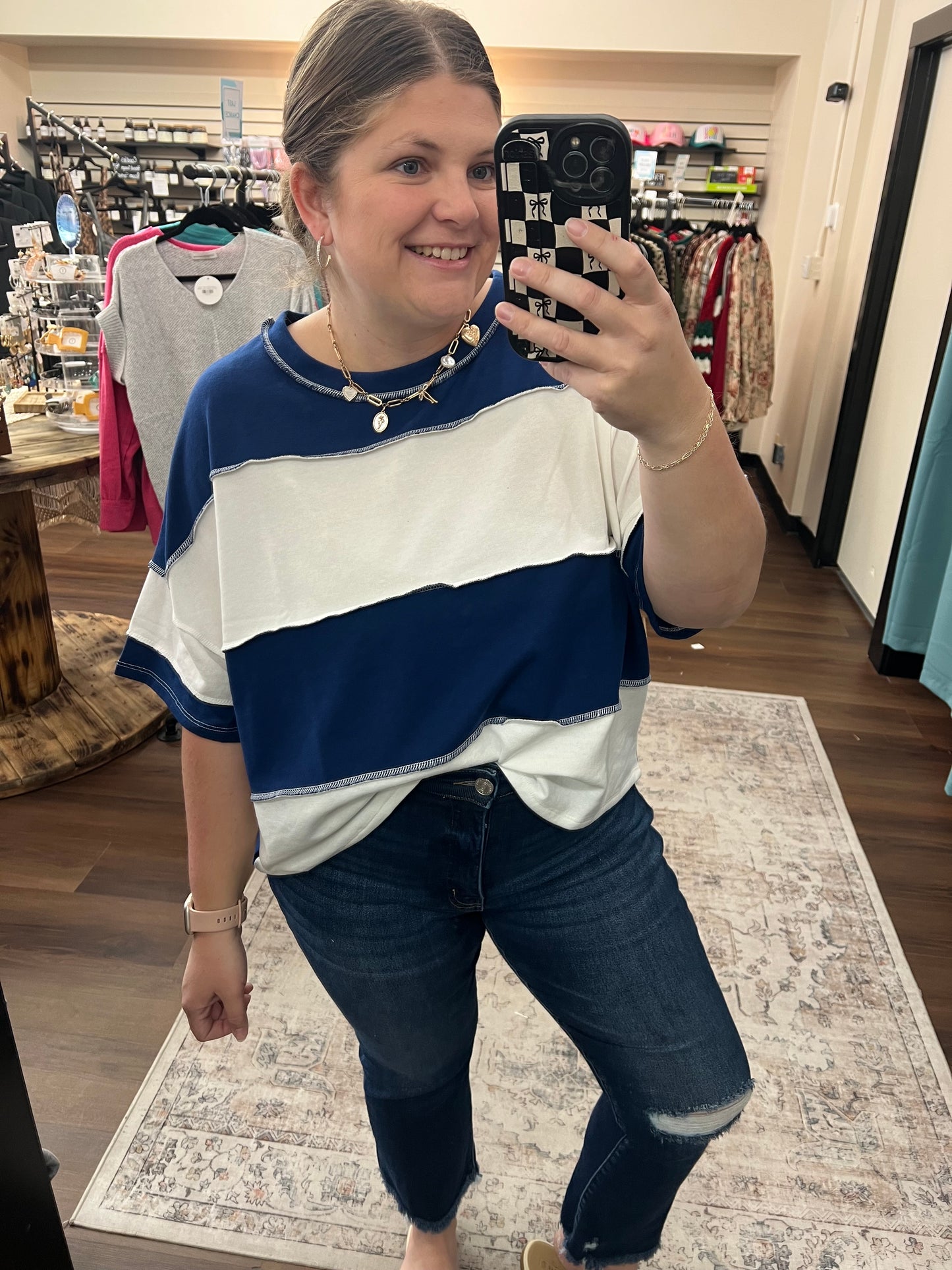 Terry Color Block Top - Navy