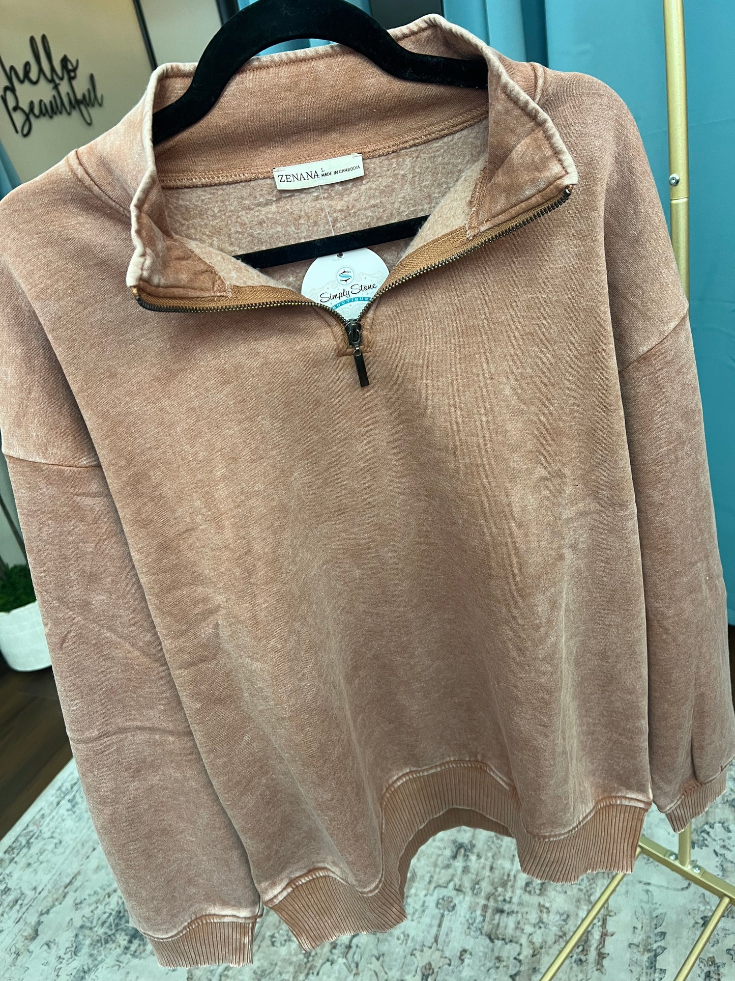 Acid Wash Half Zip Pullover - Rust