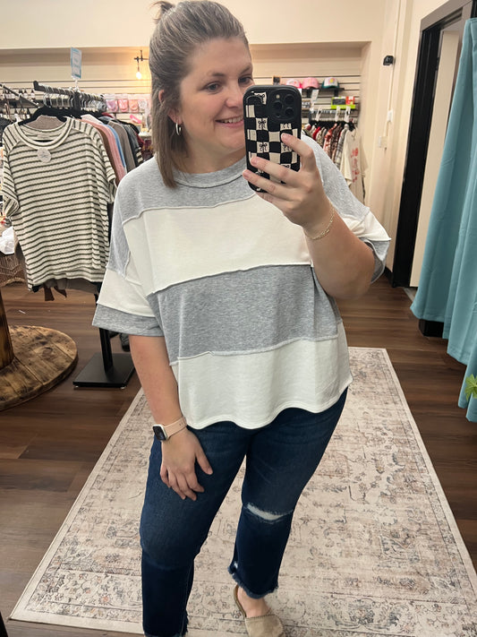 Terry Color Block Top - Grey