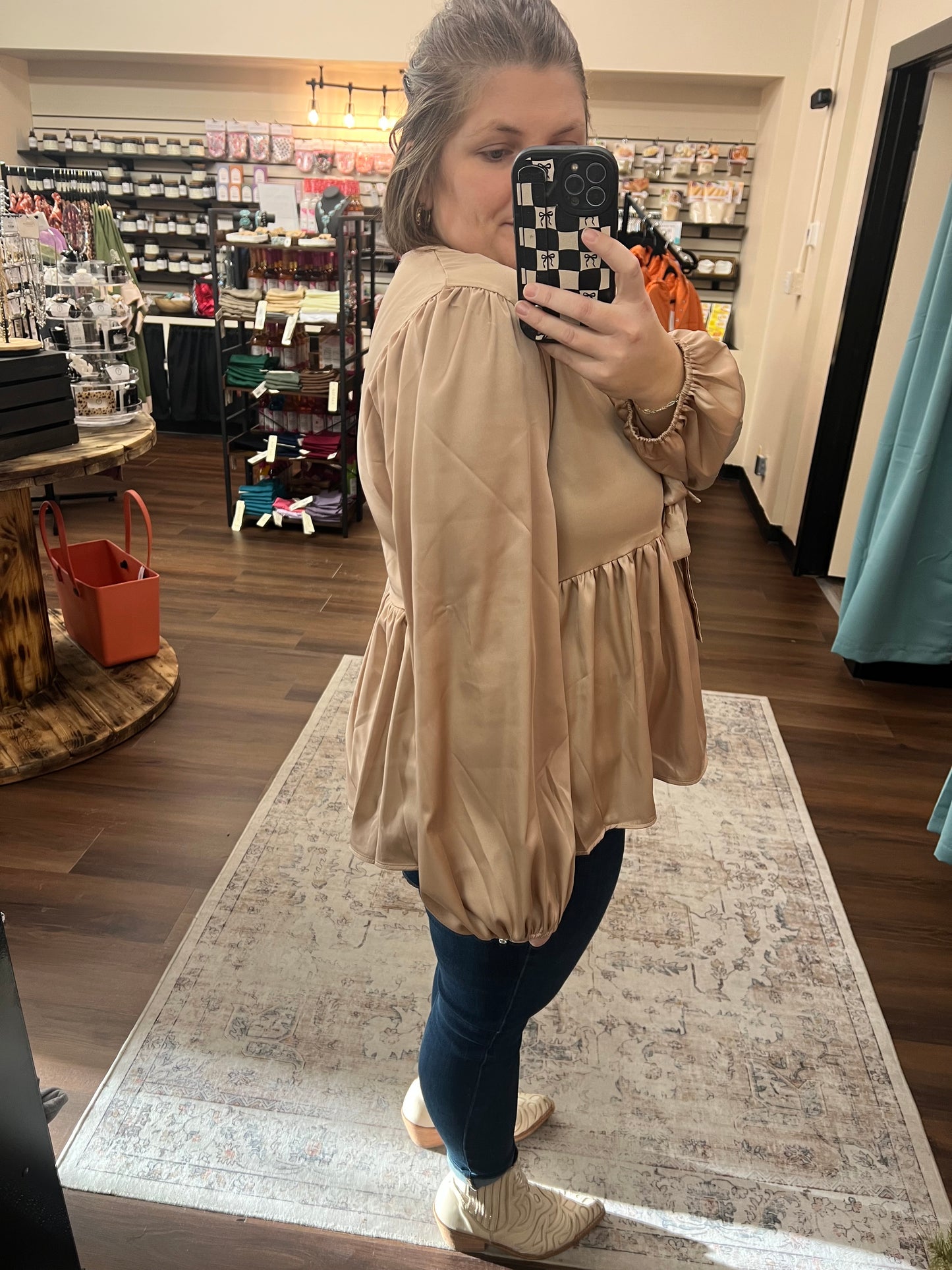 Taupe Ribbon Tie Blouse