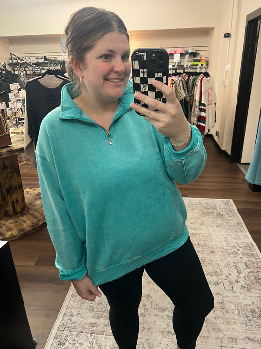 Acid Wash Half Zip Pullover - Turquoise