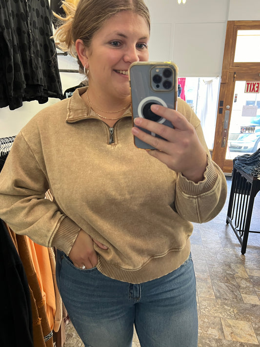 Comfy &amp; Casual is all I am trying to be this fall! This camel 3/4 zip pullover is the perfect fit for the vibe! With a lightweight and super soft material, is th