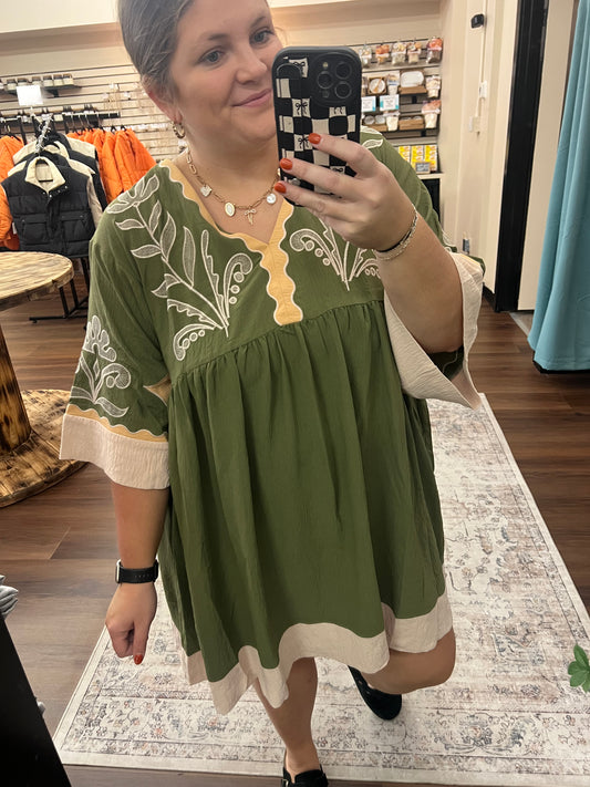 Embroidered Olive Dress