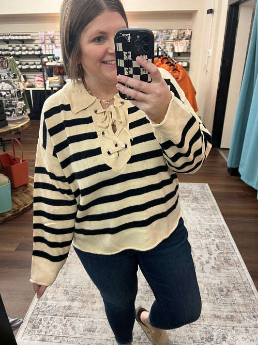 Lace Up Collared Sweater