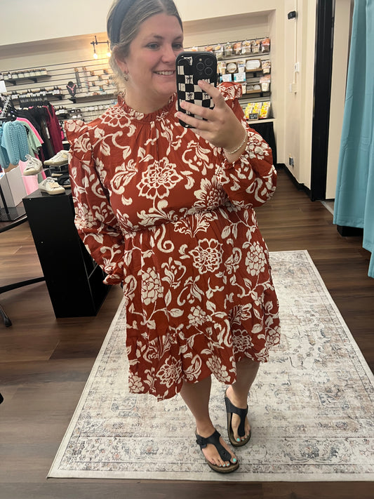 Rust Ruffle Floral Dress