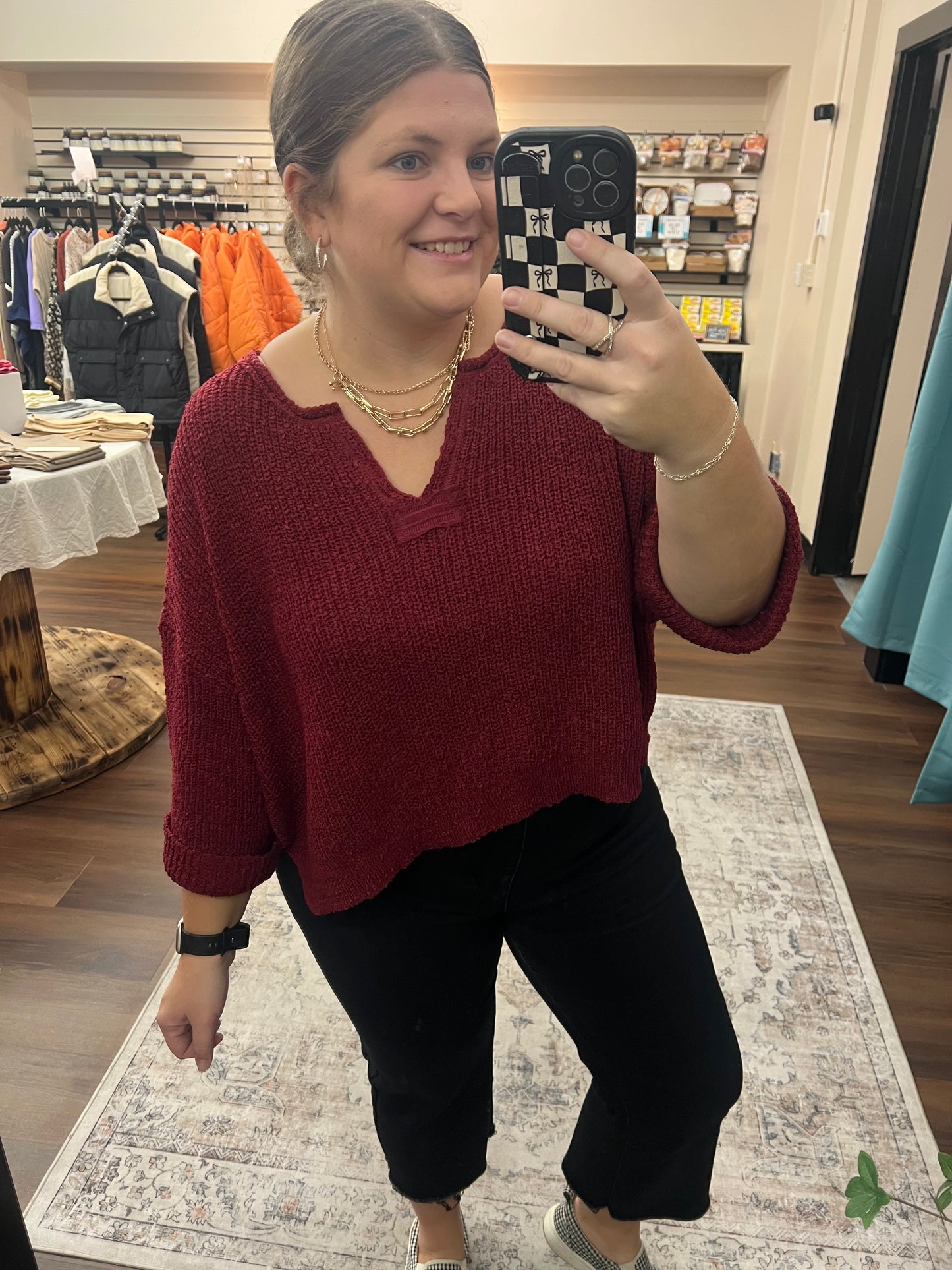 Burgundy Split Neck 3/4 Sleeve Sweater