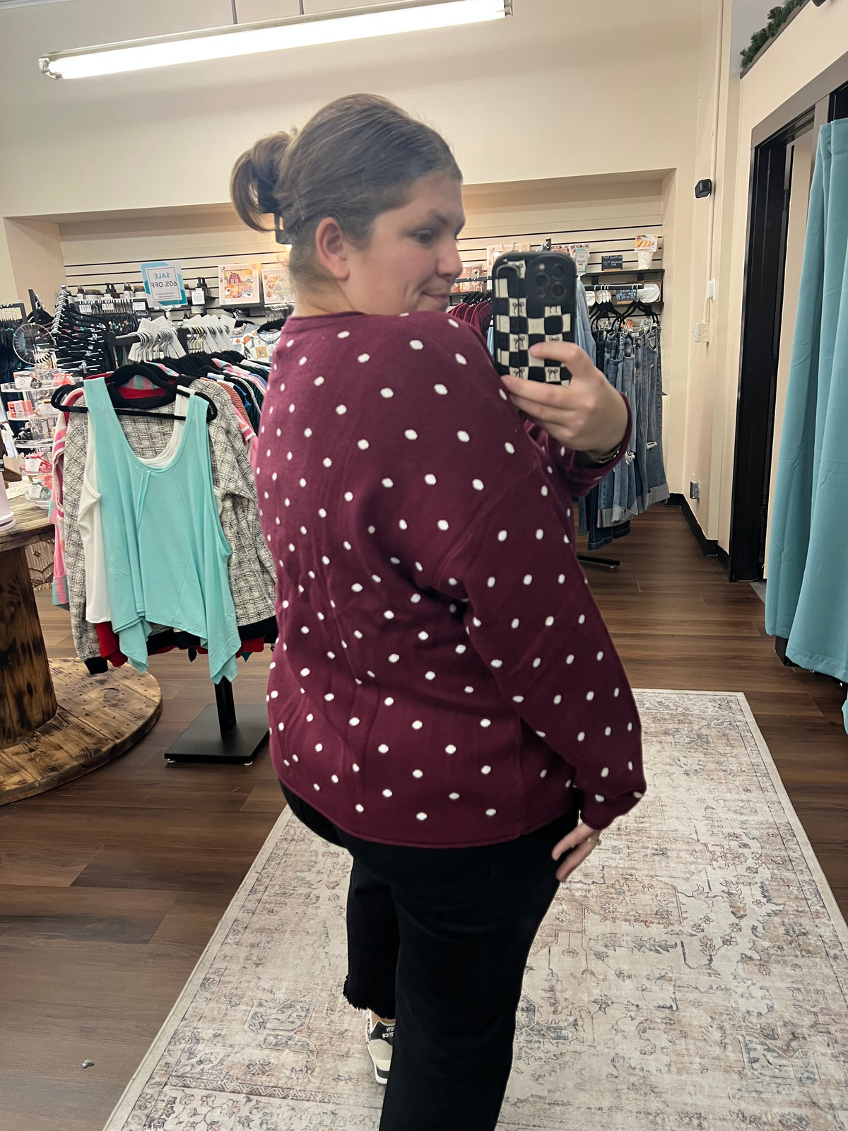 Burgundy Polka Dot Button Sweater