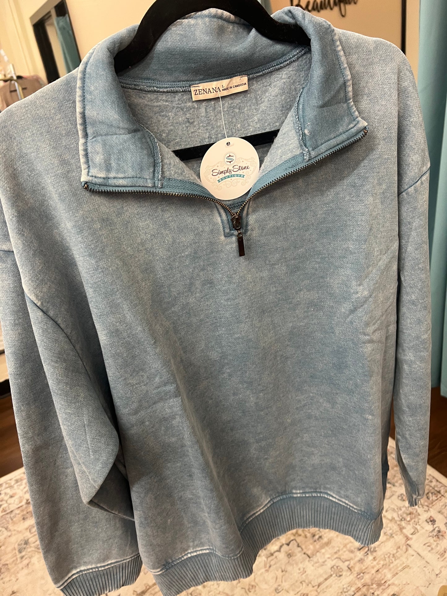 Acid Wash Half Zip Pullover - Blue Grey