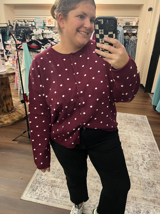 Burgundy Polka Dot Button Sweater