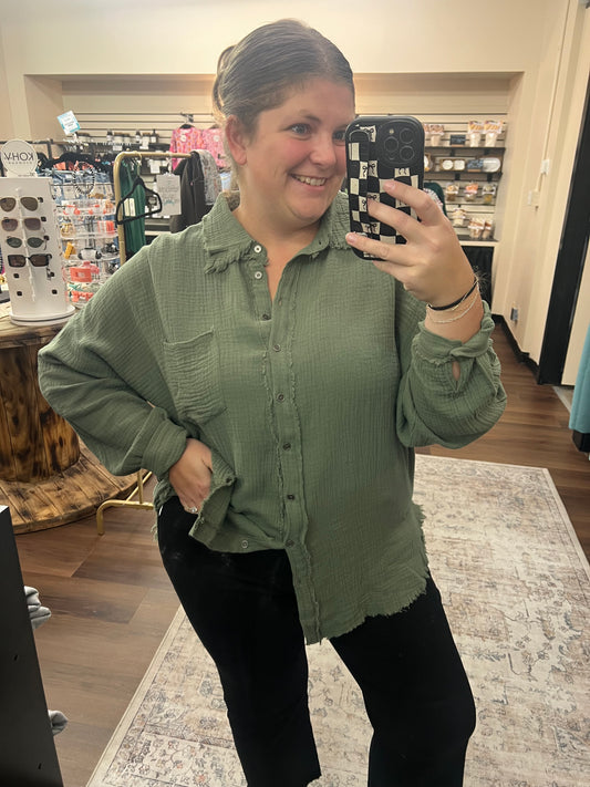 Olive Gauze Button Down