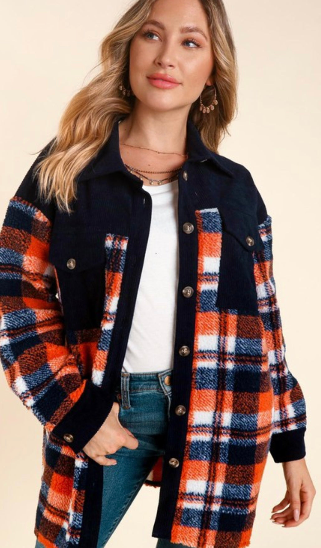 Navy/Orange Sherpa Plaid Shacket