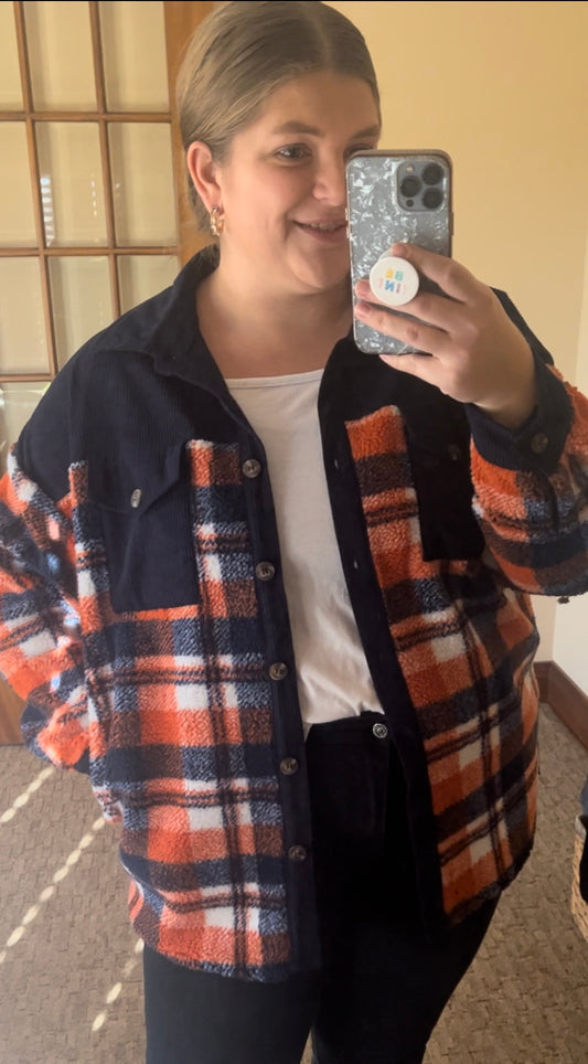 Navy/Orange Sherpa Plaid Shacket