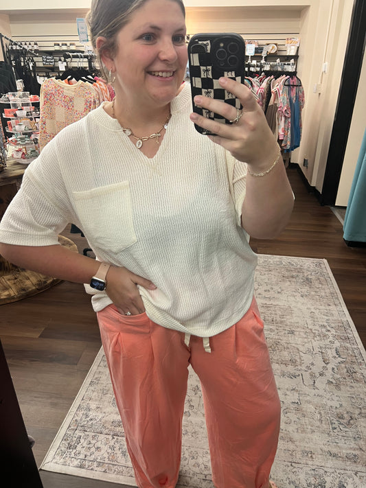 Ivory Split Neck Ribbed Top