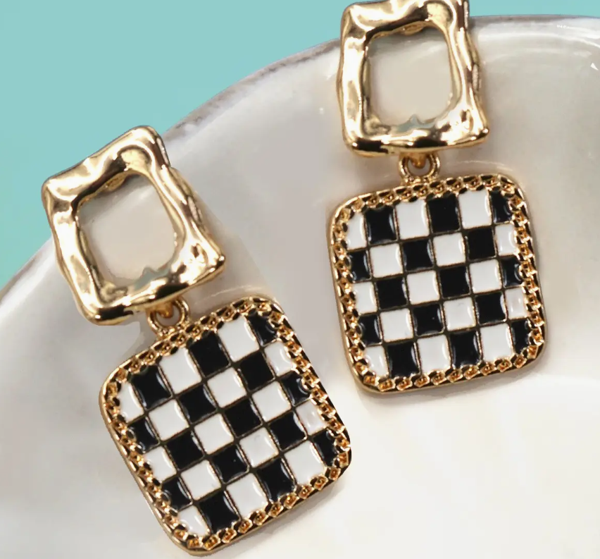 Double Square Checker Drop Earring