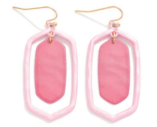 Hammered Hexagon Drop Earring - Pink
