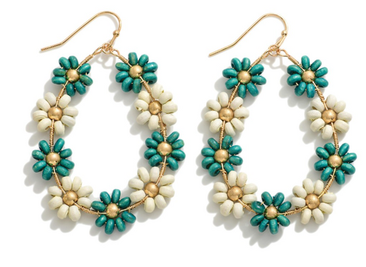Beaded Flower Drop Earring - Teal