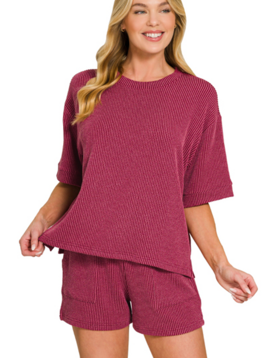 Cabernet Ribbed Short Set